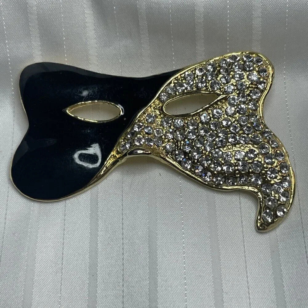 Vintage Black Enamel And Clear Rhinestone Mask Brooch Pin Unmarked